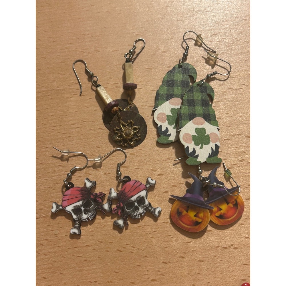 Lot of 4 Pairs Novelty Dangle Earrings Gnome Halloween Pirate Sun Boho Bundle
